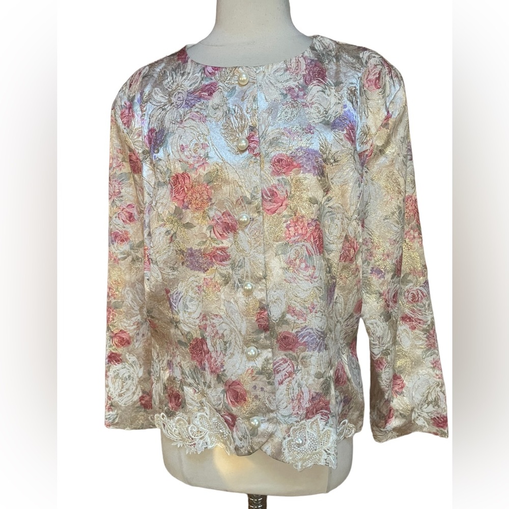 1980s Talbots Jessica McClintock Gold Metallic Beaded Floral Button Down Blazer